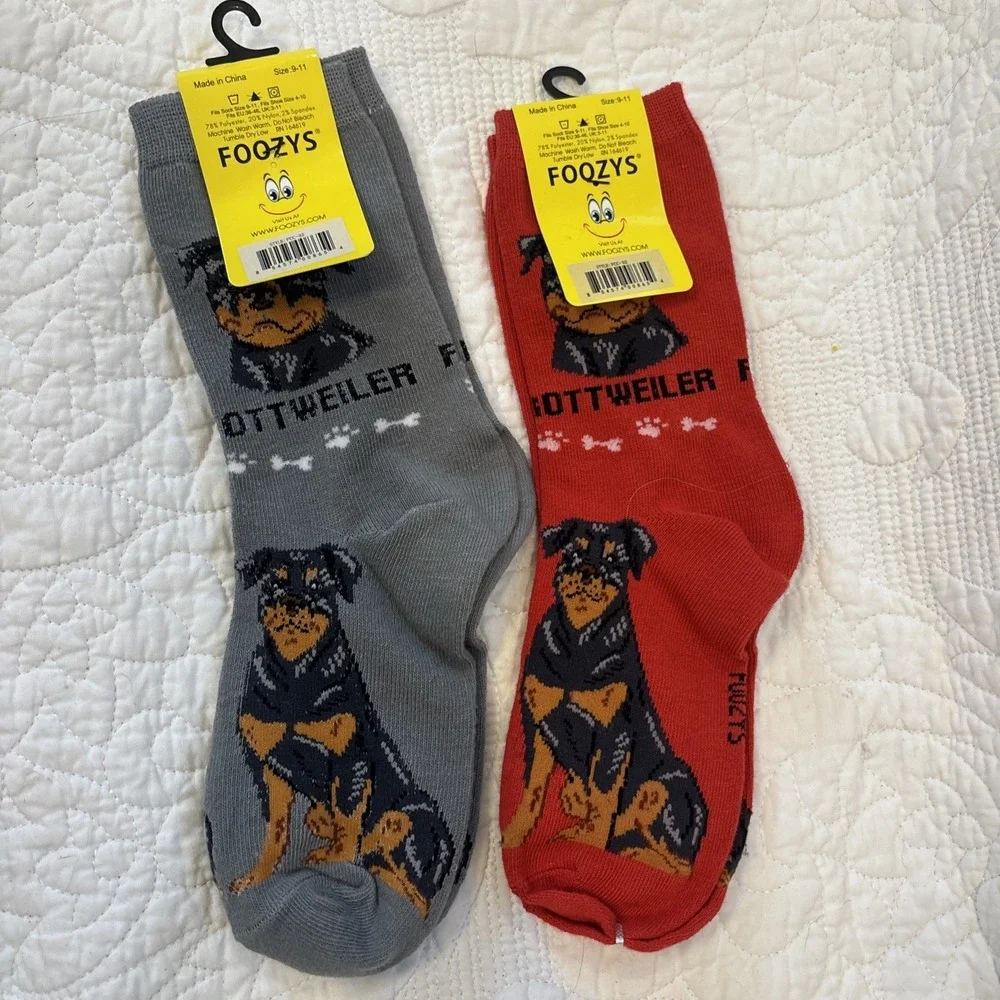 Foozy's Canine Collection Rottweiler Socks SZ 9-11 Gray Red Lot of 2 PolyBlend